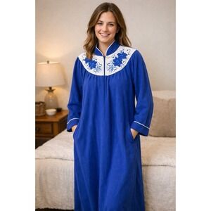 Heather's Collection House Dress Vintage Mumu XS Small Half Zipper Pockets Blue